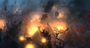 A campsite that appears to be on fire